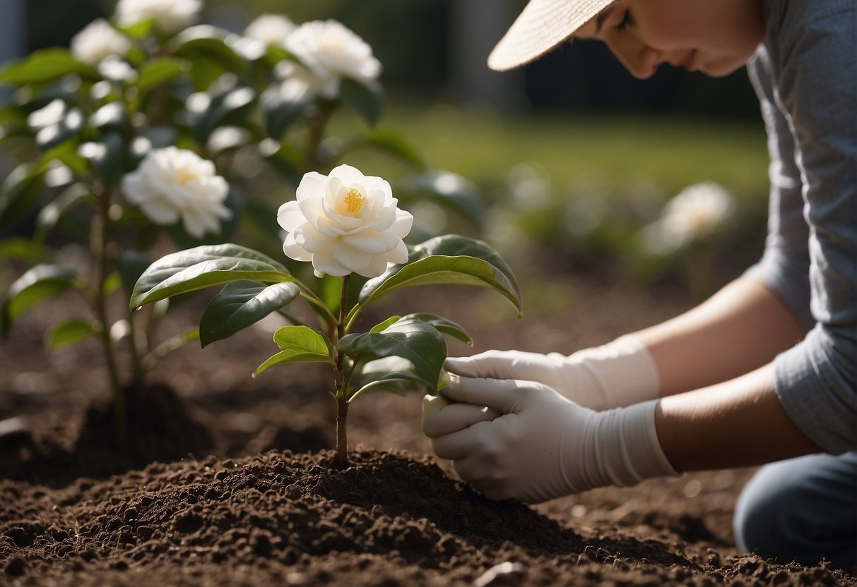 A person planting a white camellia bush in rich, well-draining soil, gently patting the earth around the base and watering it thoroughly