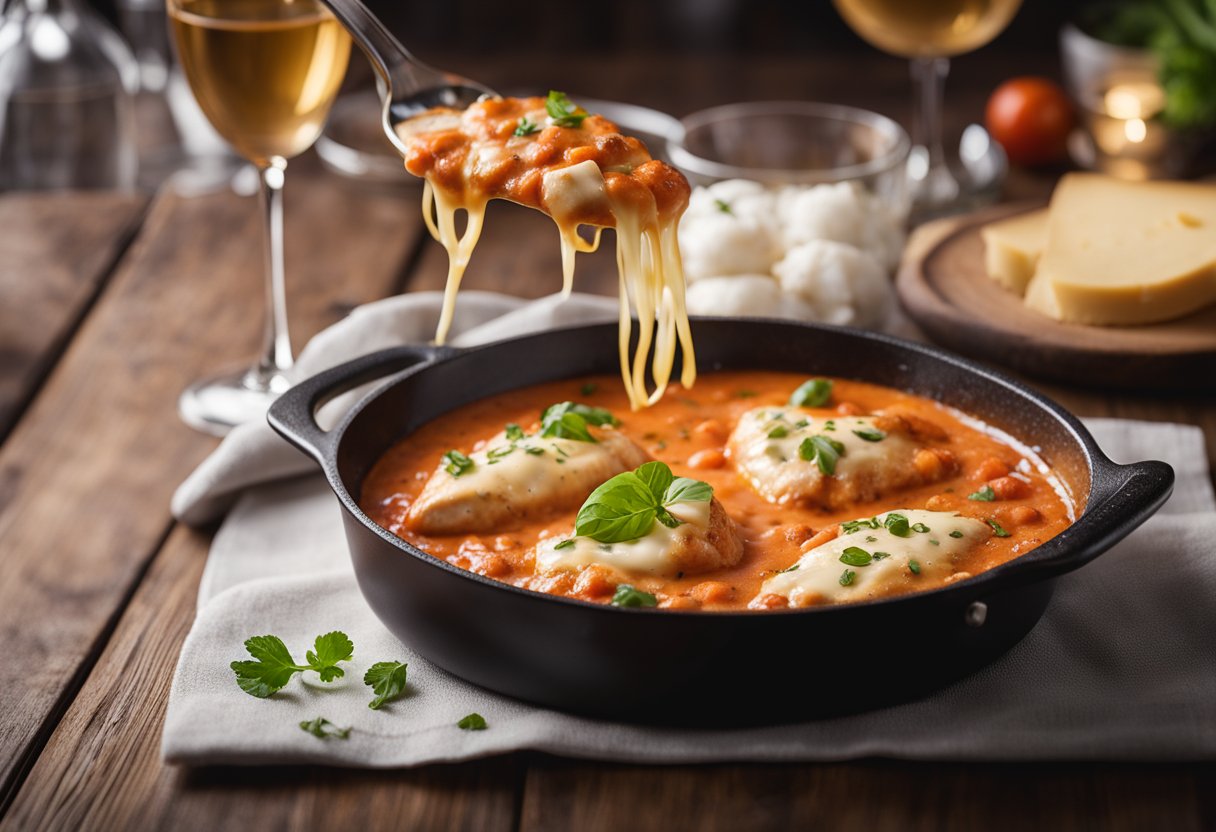 A sizzling skillet with creamy tomato sauce, tender chicken, and melted cheese bubbling on top. A ring box sits on the table next to two wine glasses