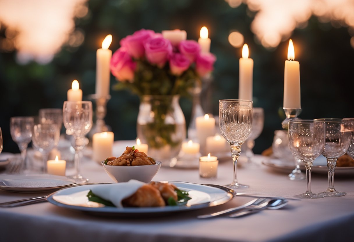 A table set for a romantic dinner with candles, roses, and a steaming dish of Marry Me Chicken as the centerpiece