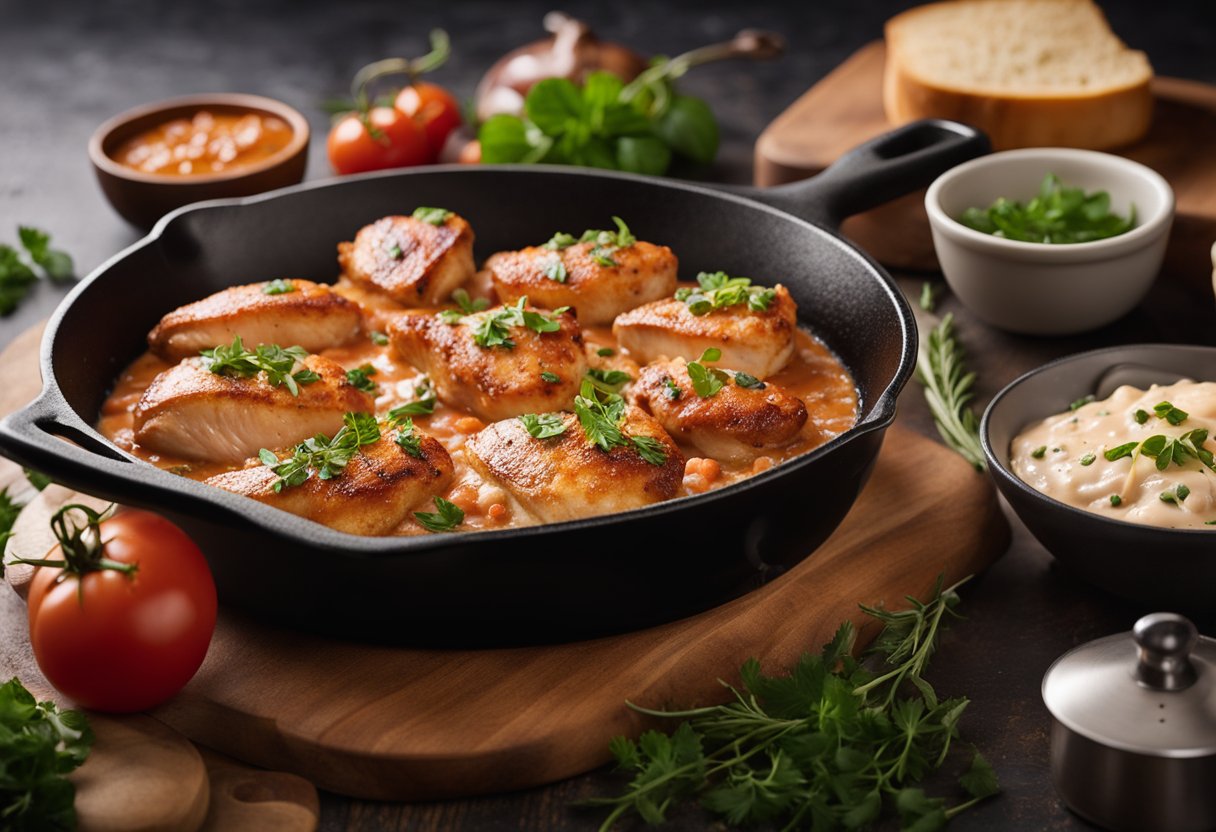 A skillet sizzles with chicken breasts, bacon, and a creamy tomato sauce, with a sprinkle of fresh herbs on top