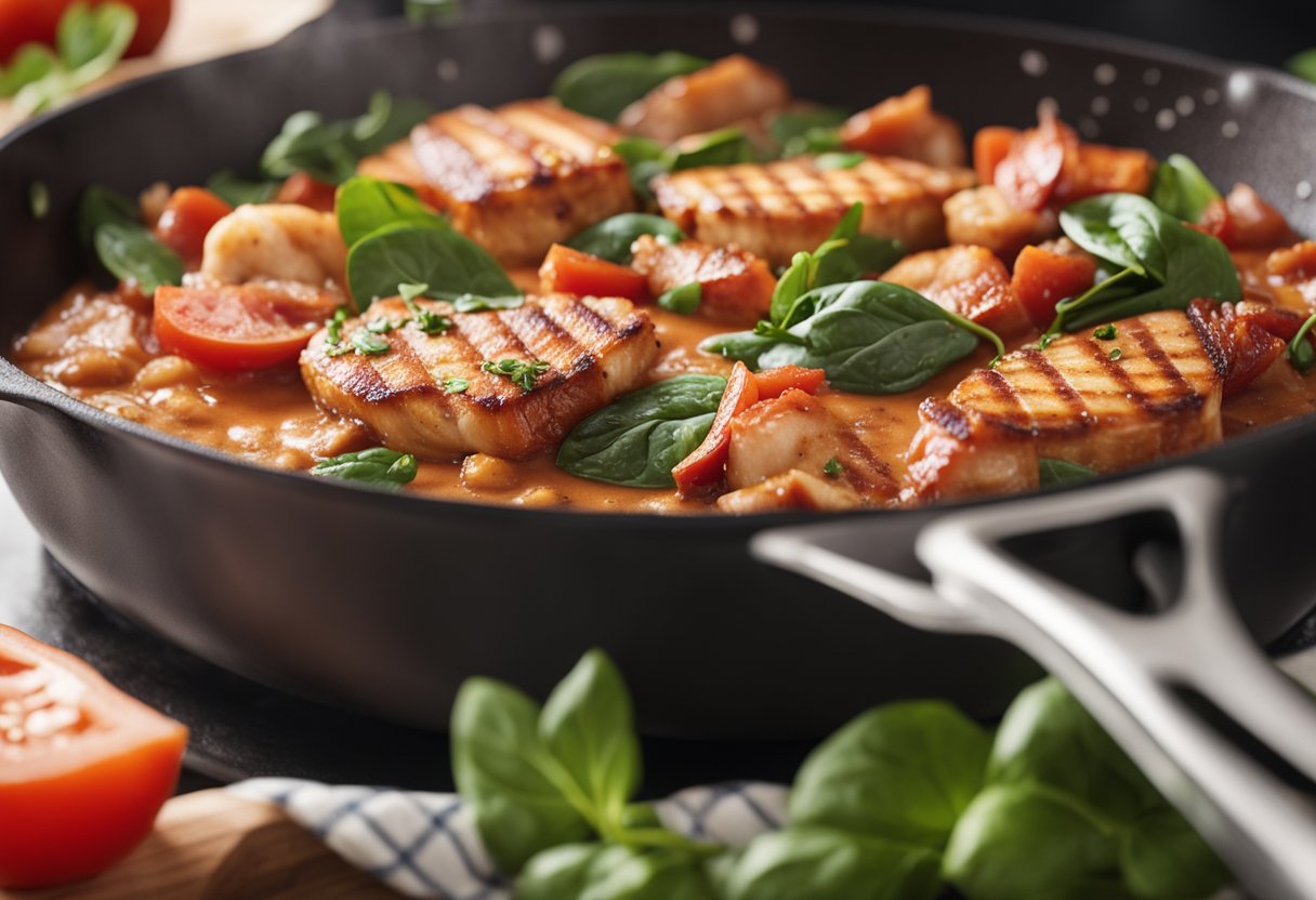 A skillet sizzles as bacon is cooked. Chicken breasts are seared and then simmered in a creamy tomato sauce. Spinach wilts into the mixture, creating a savory, indulgent dish