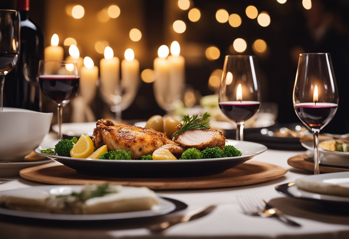 A table set with a romantic dinner: a candlelit setting, a bottle of wine, and two plates of Marry Me Chicken with side dishes