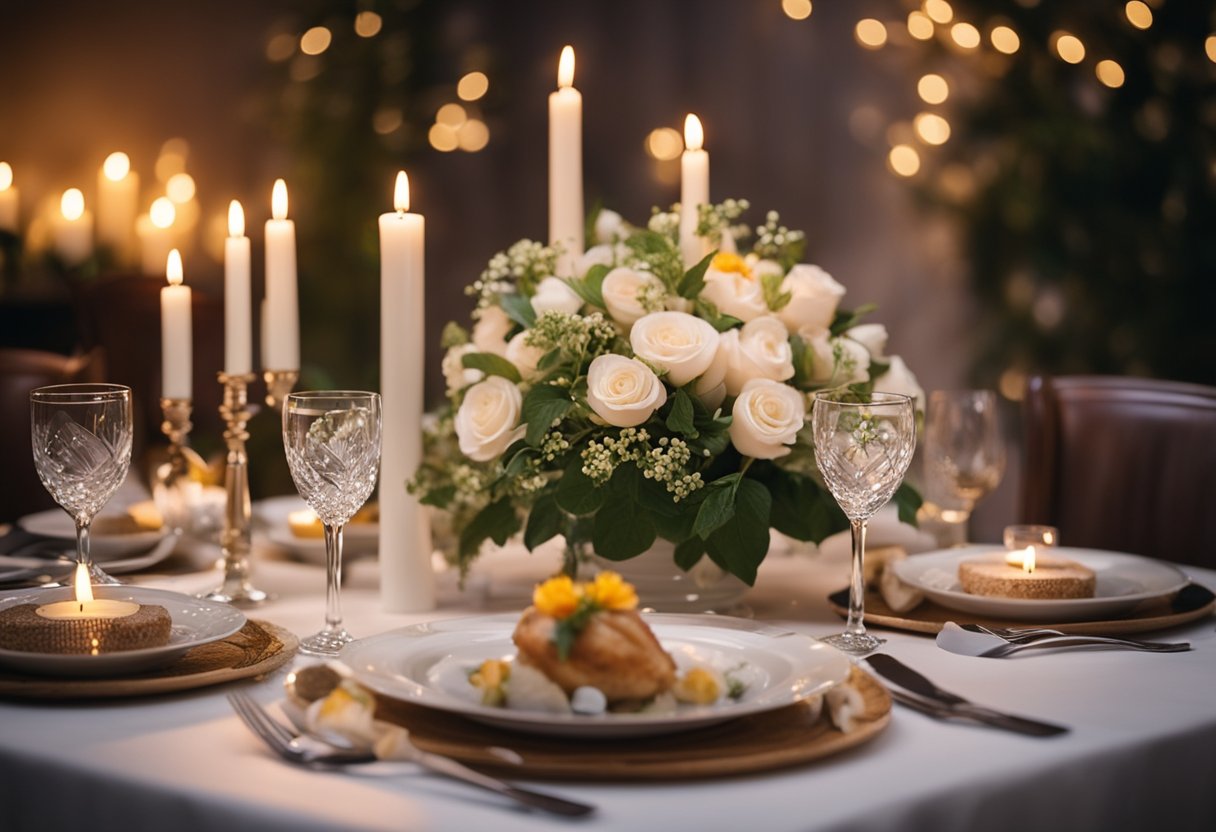 A table set with a romantic dinner for two, featuring a dish of Marry Me Chicken surrounded by candles and flowers