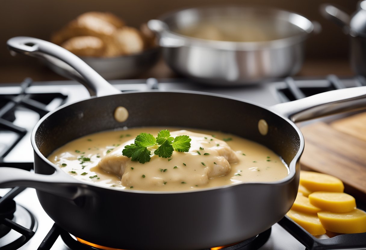 A pot of creamy sauce simmers on the stove, while a skillet holds golden-brown chicken breasts. A container of leftover chicken is being reheated in the microwave