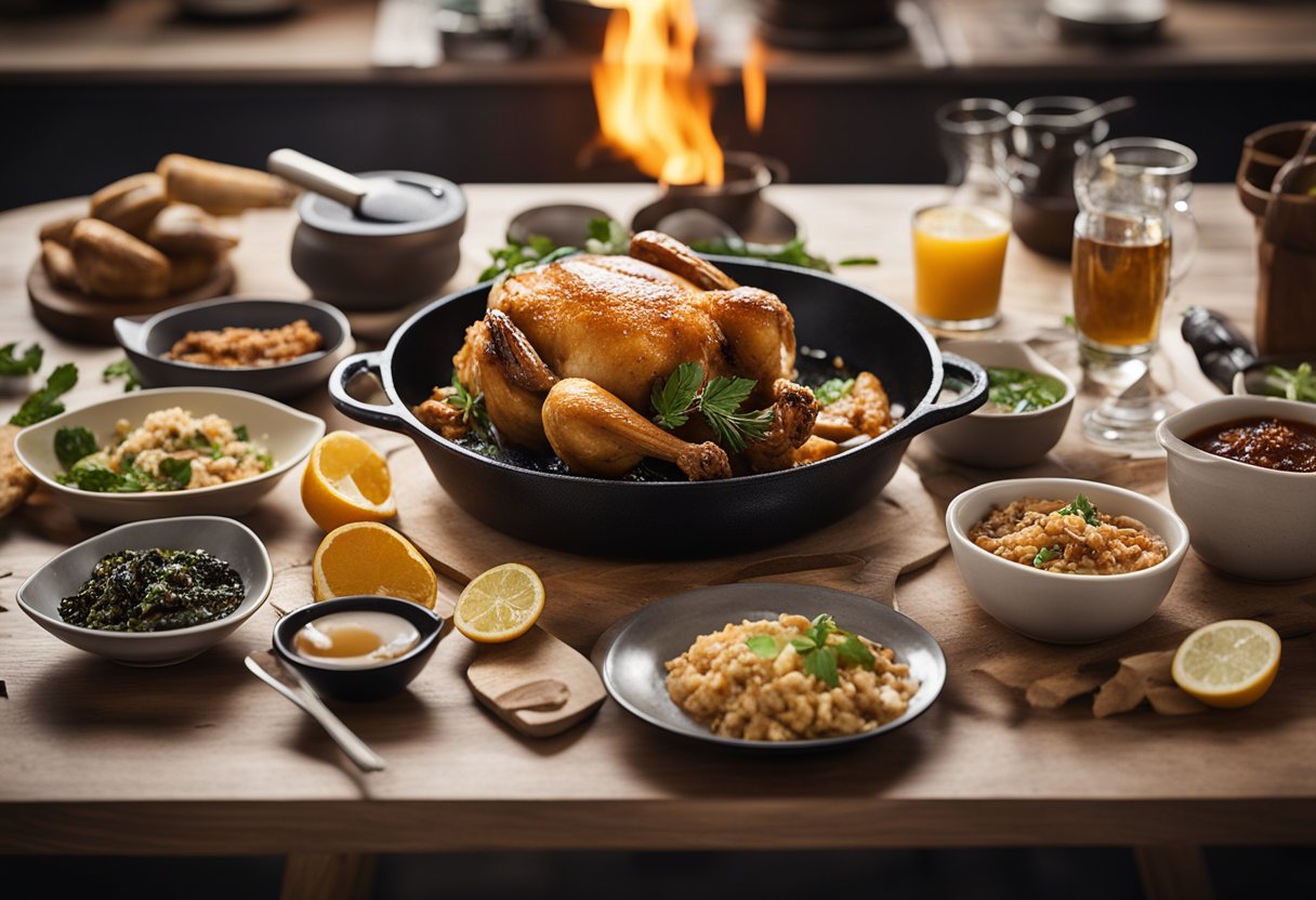 A table set with a burnt chicken dish, a disappointed person, and scattered recipe ingredients