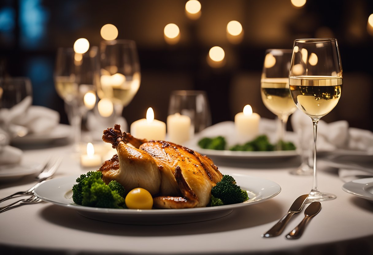 A dining table set with candles, wine glasses, and a plate of Marry Me Chicken. A romantic ambiance with soft lighting and elegant tableware