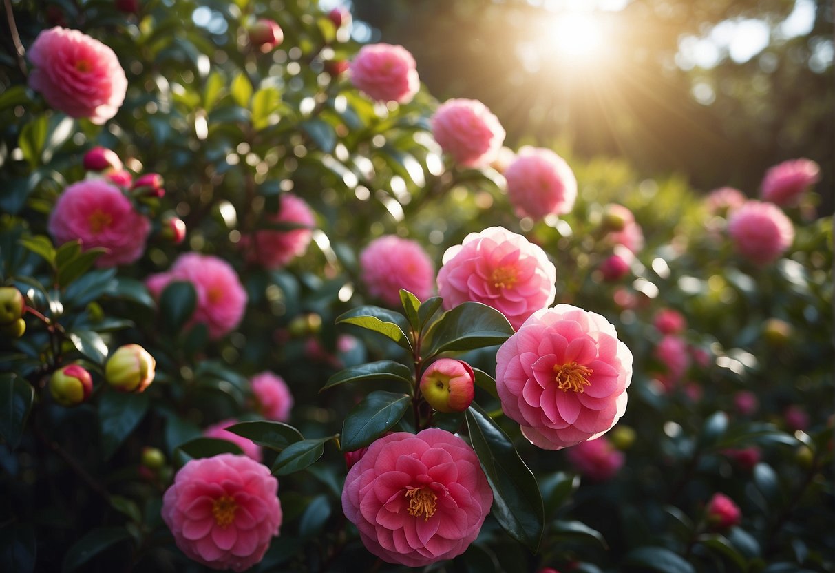 Vibrant camellia bushes thrive in the Australian landscape, their bright blooms rapidly expanding under the warm sun