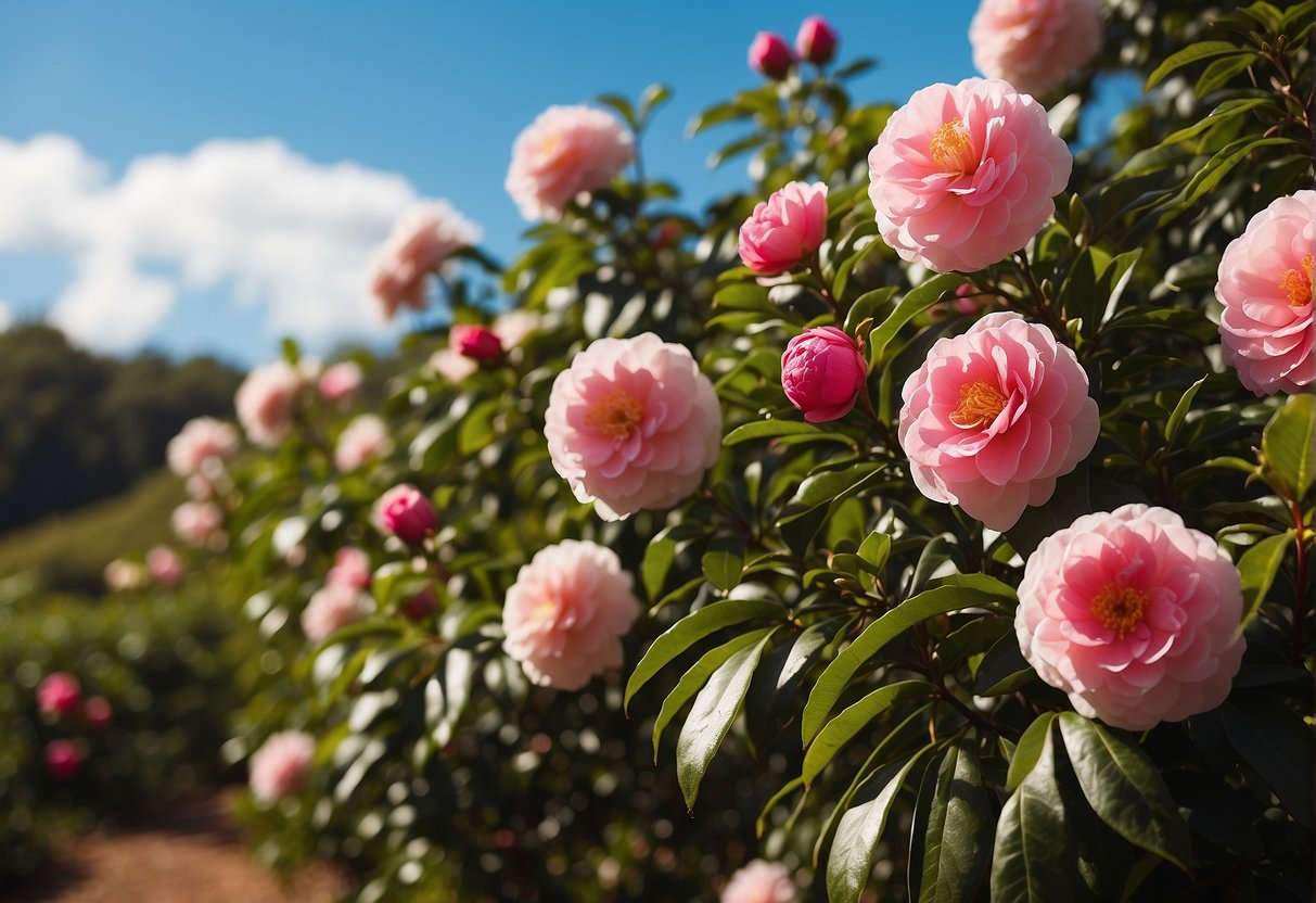 Lush green landscape with vibrant camellia bushes in bloom, set against a clear blue Australian sky