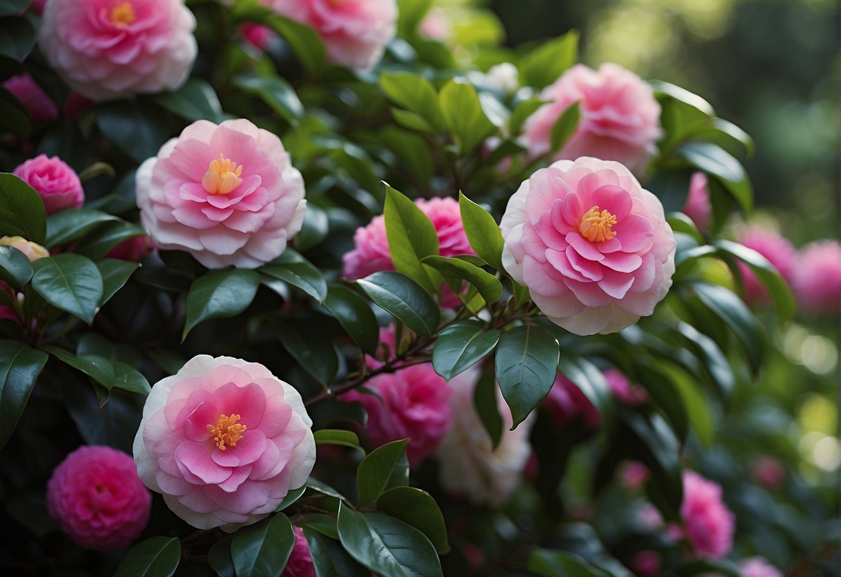 Lush garden with various fast-growing camellia varieties in Australia. Vibrant colors and dense foliage create a picturesque scene for an illustrator to recreate