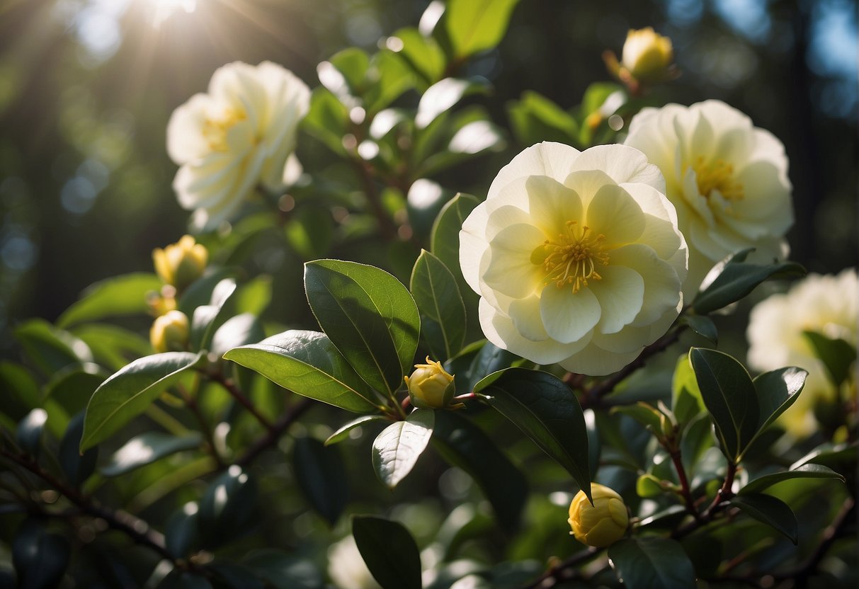 Lush green camellia bushes thrive in the Australian sun, their vibrant blooms opening to the sky. New shoots burst forth, signaling the rapid growth of these resilient plants