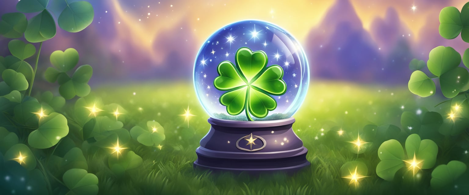 A four-leaf clover surrounded by shining stars, a horseshoe, and a glowing crystal ball, all radiating luck and positive energy