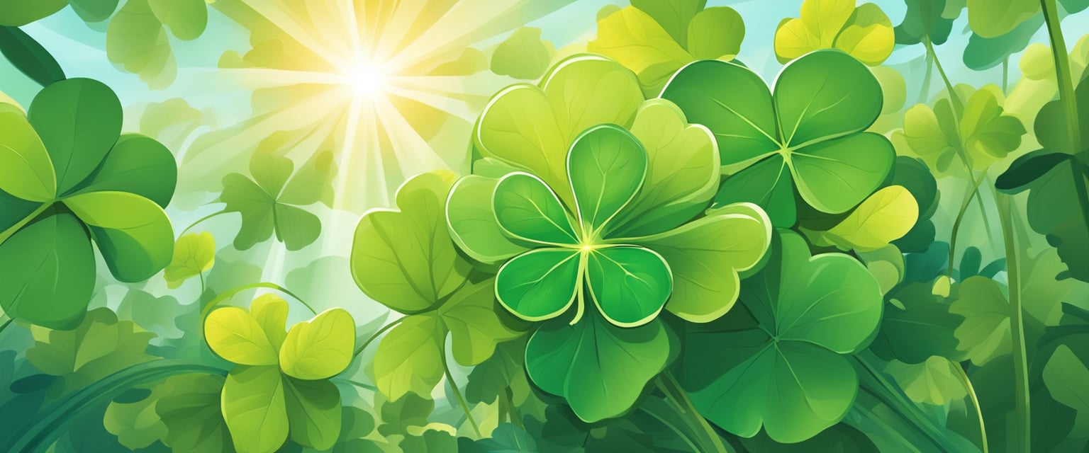 A four-leaf clover surrounded by vibrant, flourishing plants, with rays of sunshine filtering through the leaves