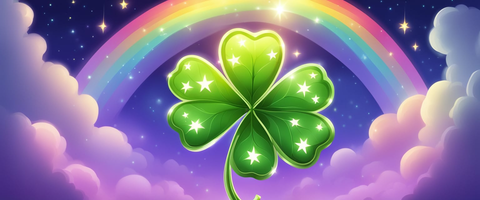 A four-leaf clover surrounded by shining stars and a glowing horseshoe, with a rainbow in the background