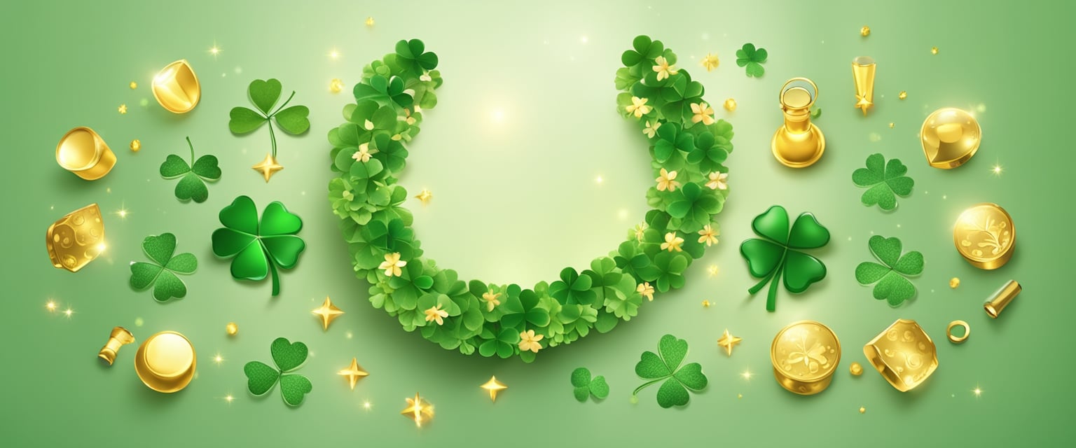 Objects arranged in a horseshoe shape with a four-leaf clover in the center, surrounded by glowing symbols of luck and prosperity