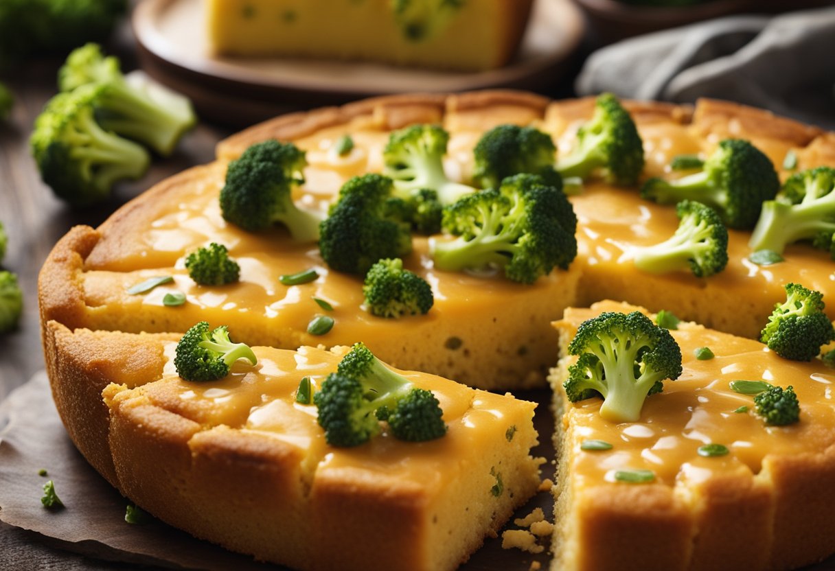 A golden brown cornbread with chunks of broccoli and melted cheese oozing out of the slices