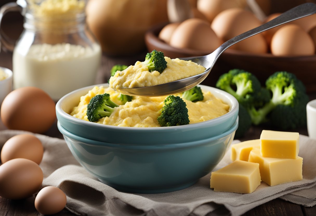 A mixing bowl filled with cornmeal, eggs, cheese, and broccoli. A spoon stirs the ingredients together, creating a thick, creamy batter. A baking dish sits nearby, ready to receive the mixture