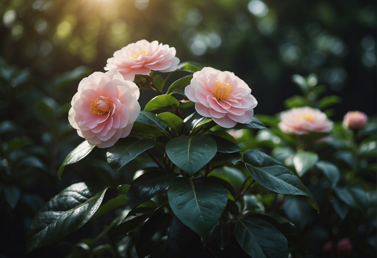 A blooming camellia dwarf stands amidst lush green foliage