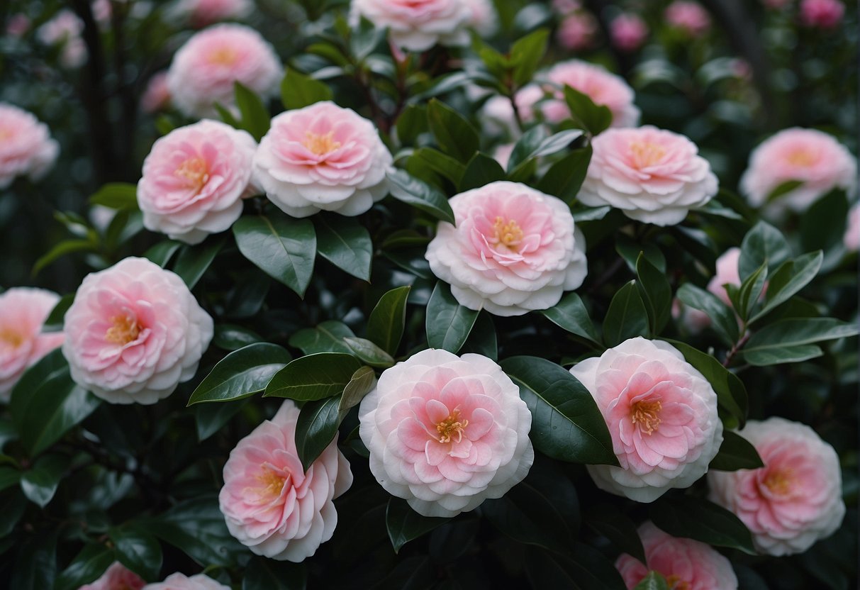 Vibrant pink and white camellia flowers bloom on a compact, lush green shrub, surrounded by glossy, dark green leaves