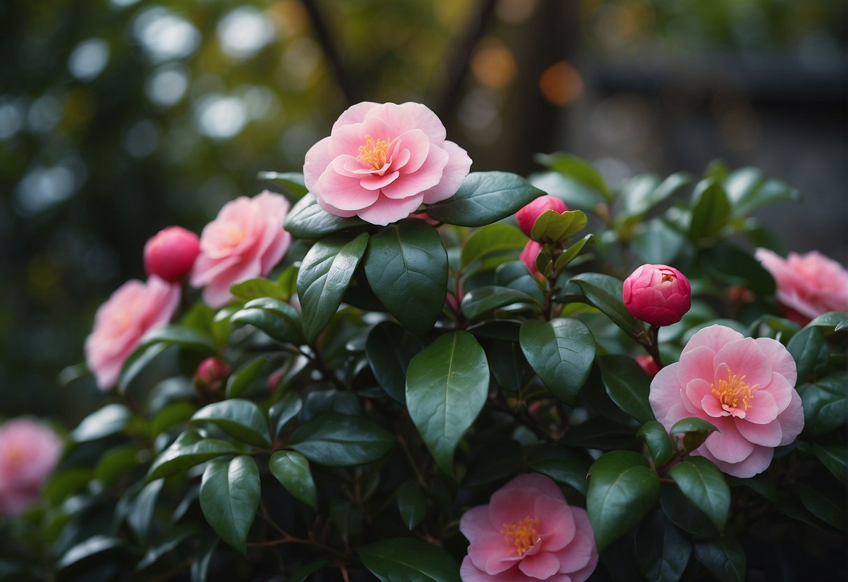 A small camellia bush blooms in a well-tended garden, surrounded by other dwarf plants