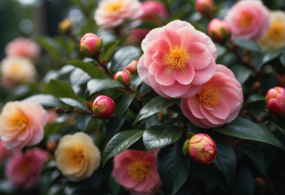 A lush garden filled with various camellia dwarf varieties in full bloom, showcasing their vibrant colors and delicate petals