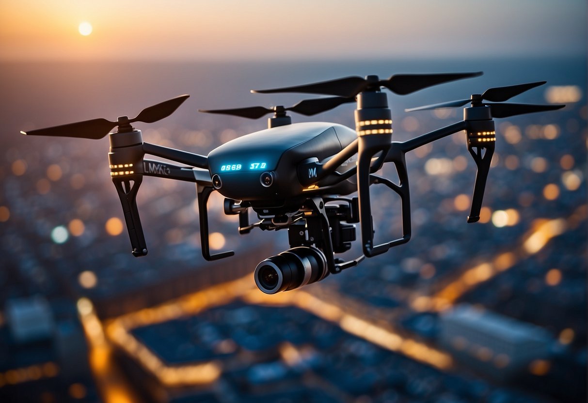 A surveillance drone hovers over a city, capturing images with its camera and transmitting data back to a control center