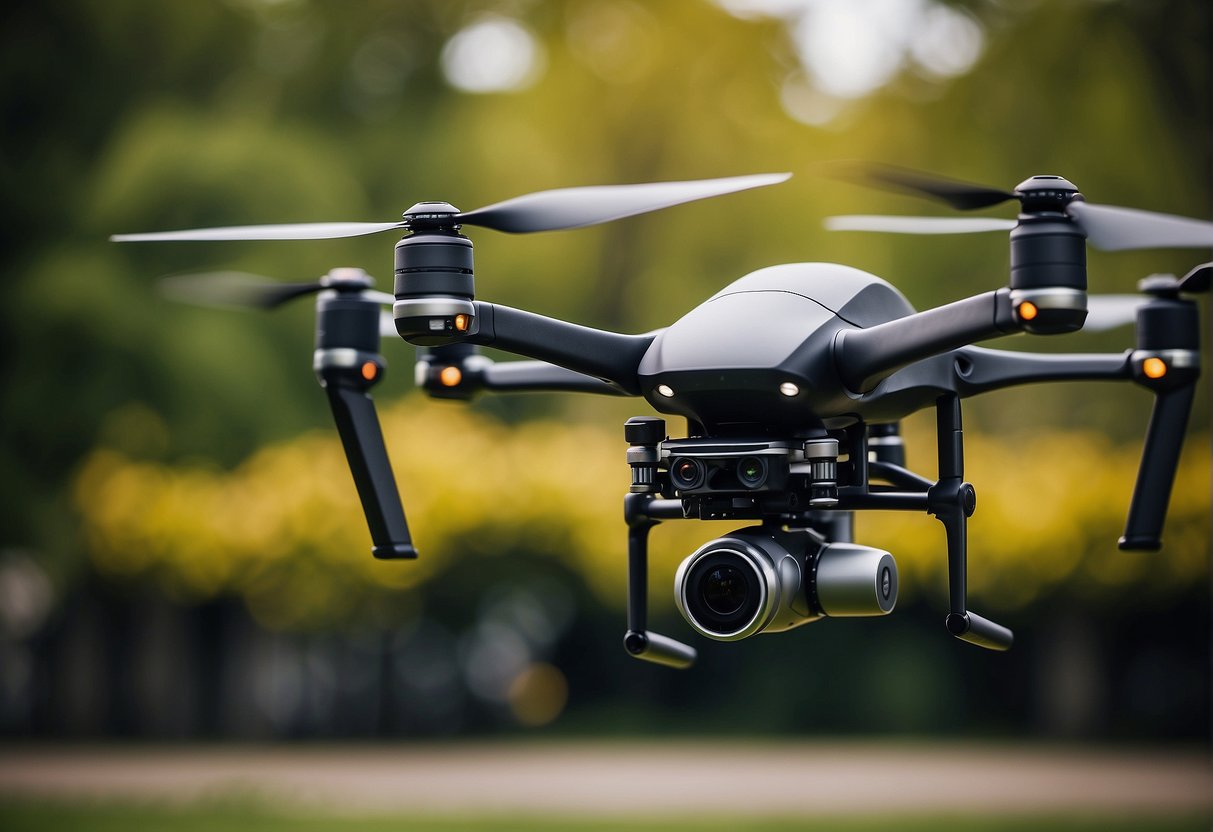 A surveillance drone hovers in the sky, its propellers spinning rapidly as it captures images and videos with its high-resolution camera