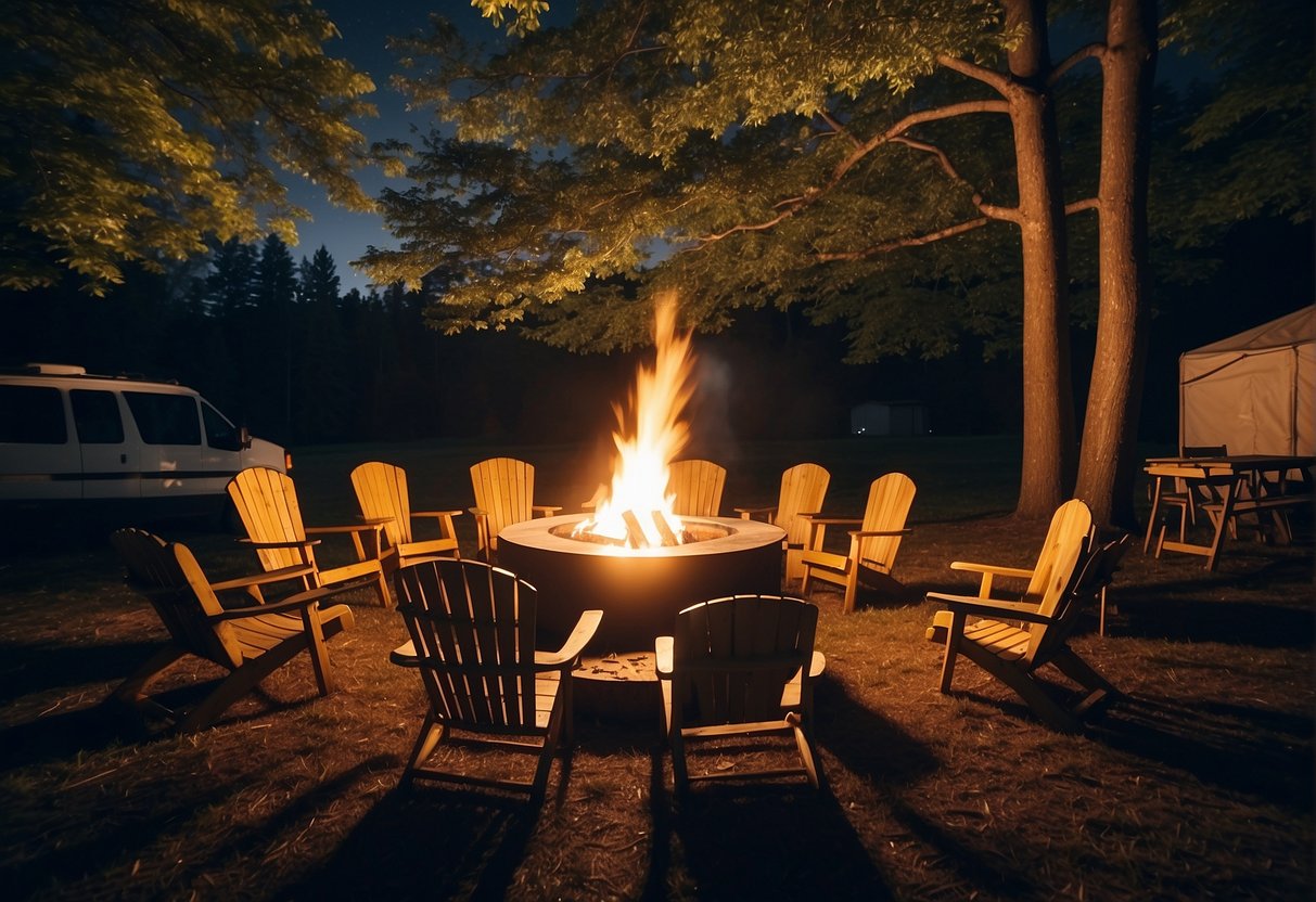 A campfire crackles in the center of a circle of tents. Folding chairs and a picnic table are arranged nearby. Trees and a clear night sky provide the backdrop