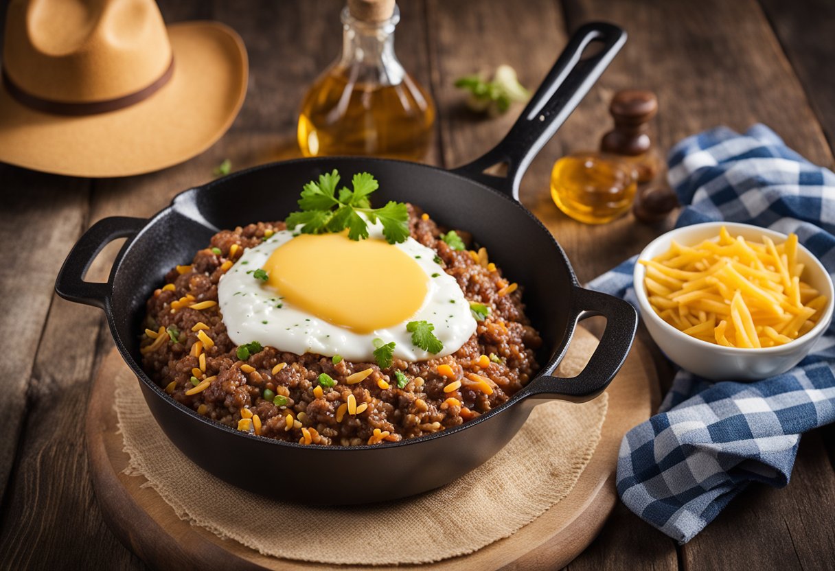 A sizzling skillet filled with rice, ground beef, beans, and melted cheese. A cowboy hat rests beside it, evoking a rustic, hearty meal