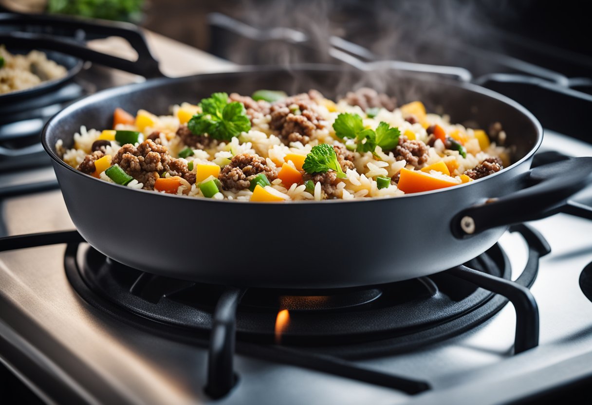 A skillet sits on a stovetop, filled with a hearty mix of rice, ground beef, beans, and vegetables. Steam rises from the sizzling casserole, creating a mouthwatering scene