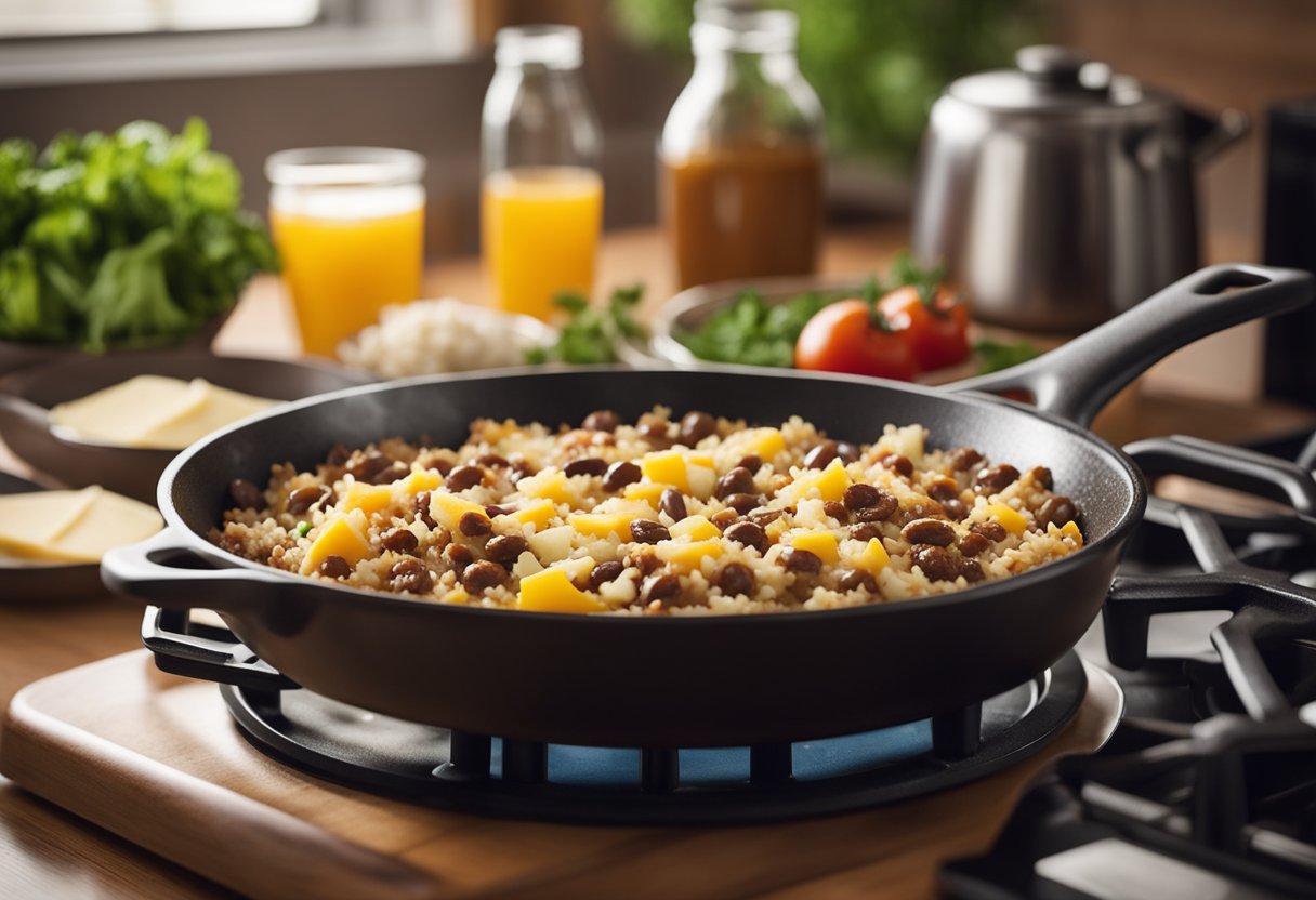 A skillet sizzles on a stovetop, filled with a hearty mix of rice, beans, and ground beef. A sprinkle of cheese melts on top as the dish simmers