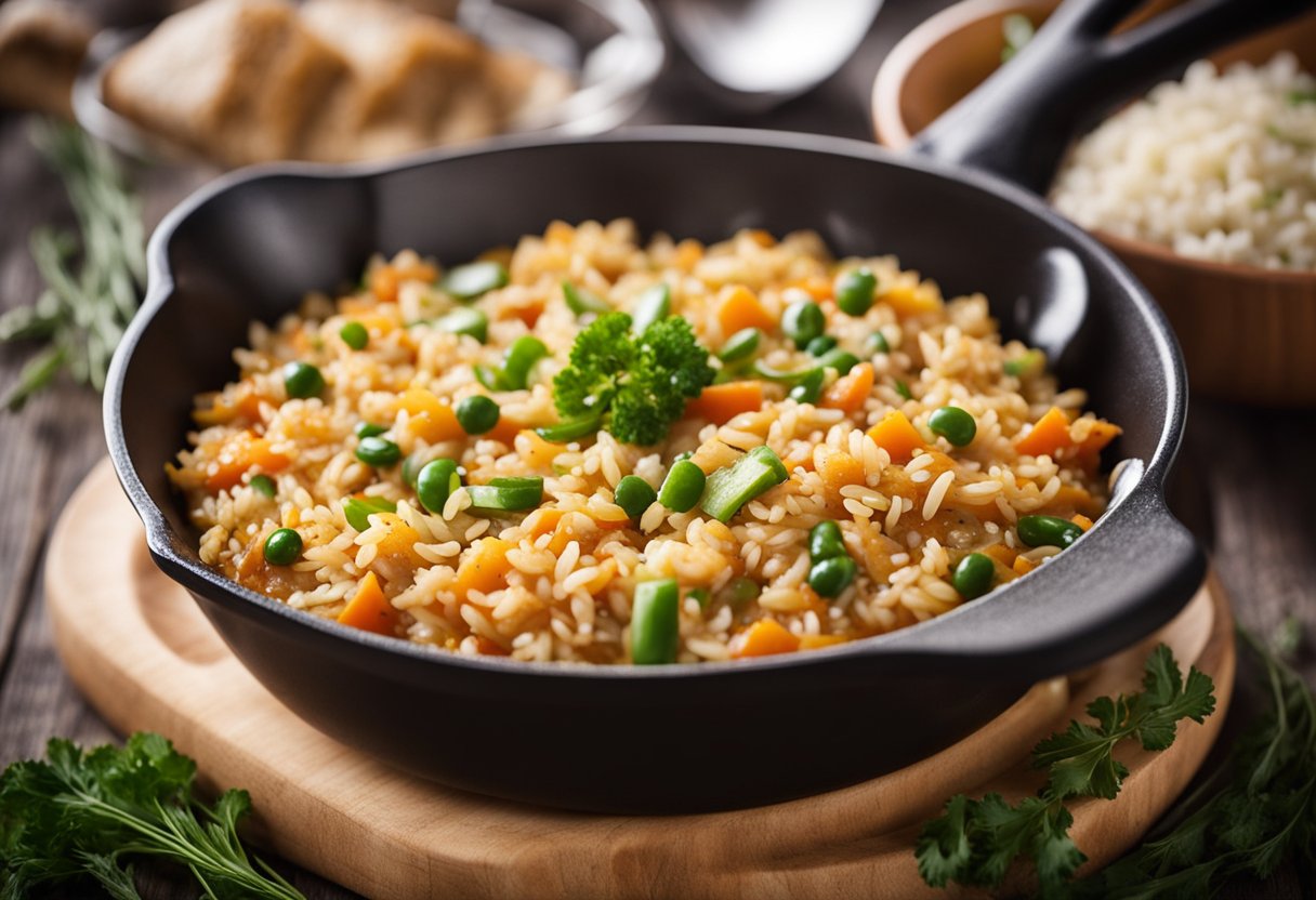 A skillet sits on a stovetop, filled with a hearty cowboy rice casserole. Steam rises from the savory dish, with visible chunks of meat, beans, and vegetables