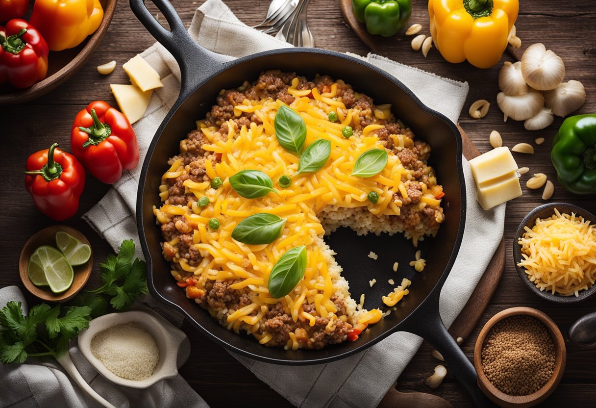 A skillet filled with cowboy rice casserole surrounded by various ingredients like ground beef, bell peppers, cheese, and rice