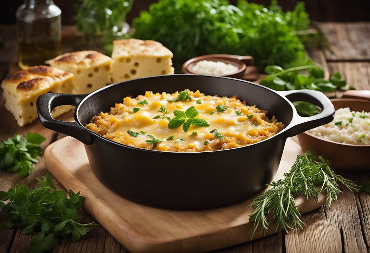 A rustic skillet filled with cowboy rice casserole, topped with melted cheese and fresh herbs, sits on a wooden table