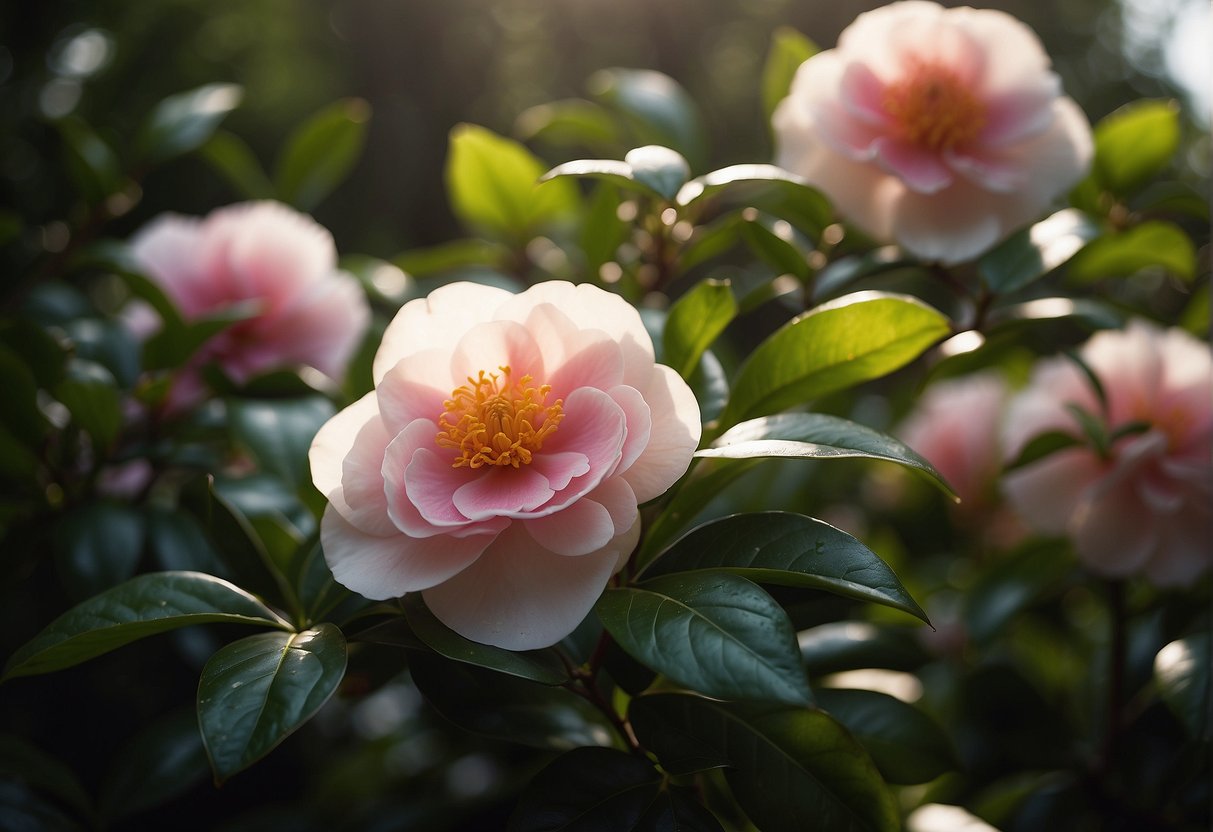 A vibrant camellia dona herzilia blooms against a backdrop of lush green leaves, its delicate petals unfurling in the sunlight