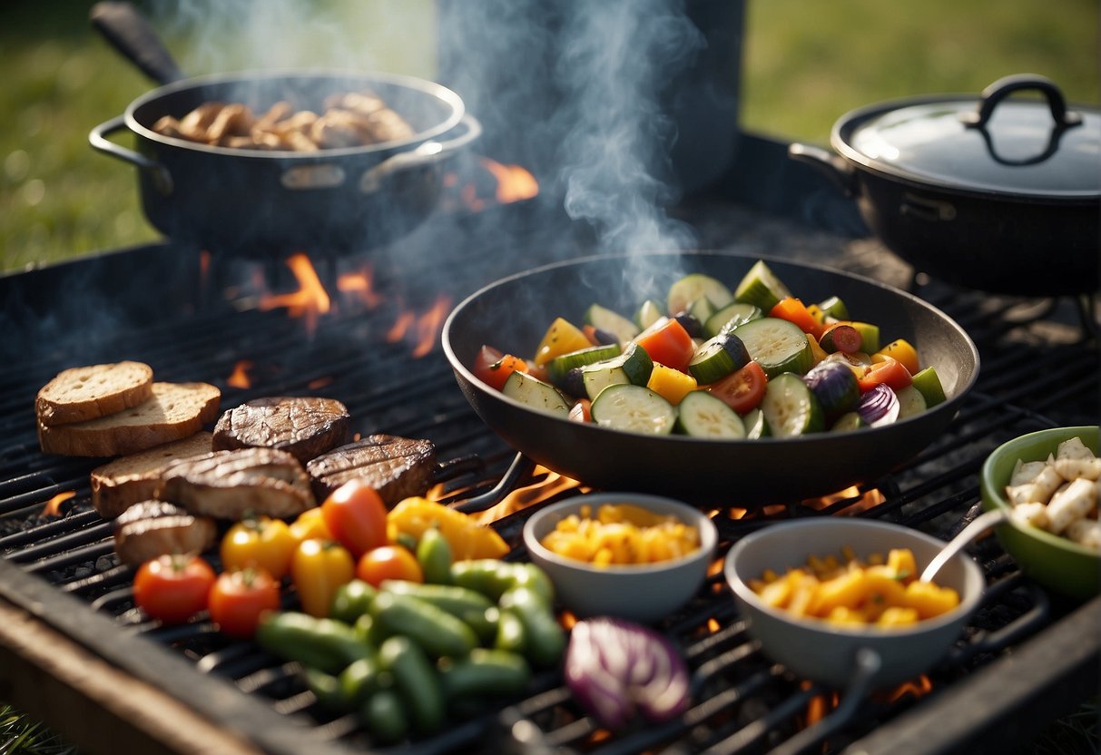 A campfire surrounded by a variety of healthy foods and cooking utensils, with a family of four roasting vegetables and grilling lean meats