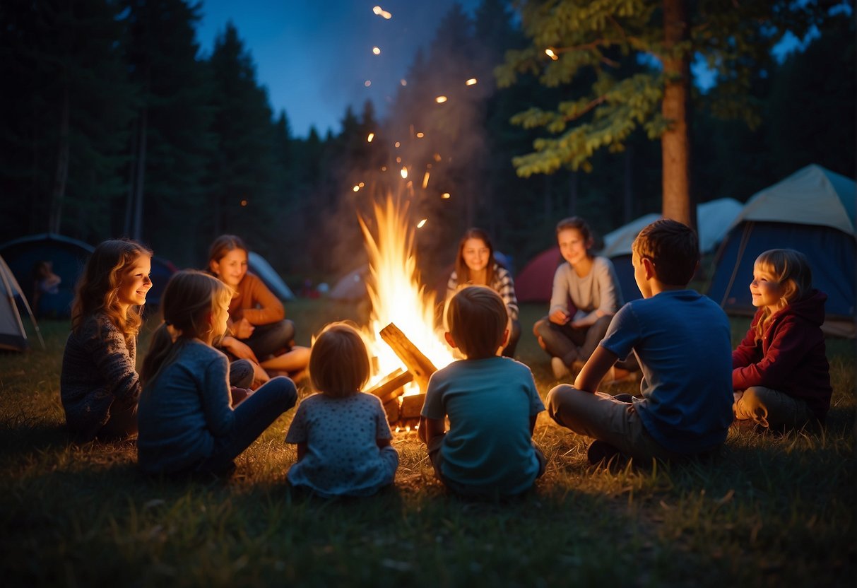A campfire crackles under a starry sky. Tents are pitched in a clearing surrounded by towering trees. A group of children and their grandparents sit together, laughing and roasting marshmallows