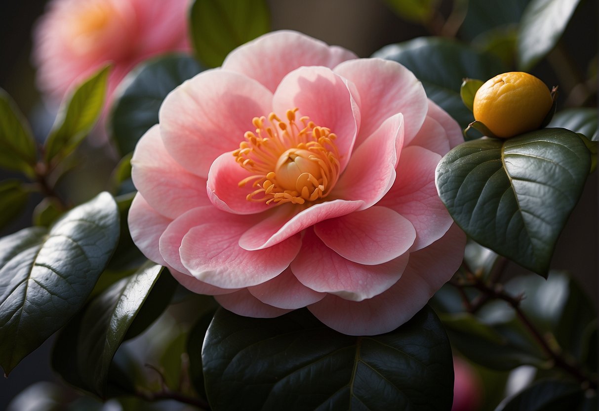 A vibrant camellia flower, the "Dona Herzilia" variety, in profile view. Its delicate petals are a deep shade of pink, with a golden yellow center