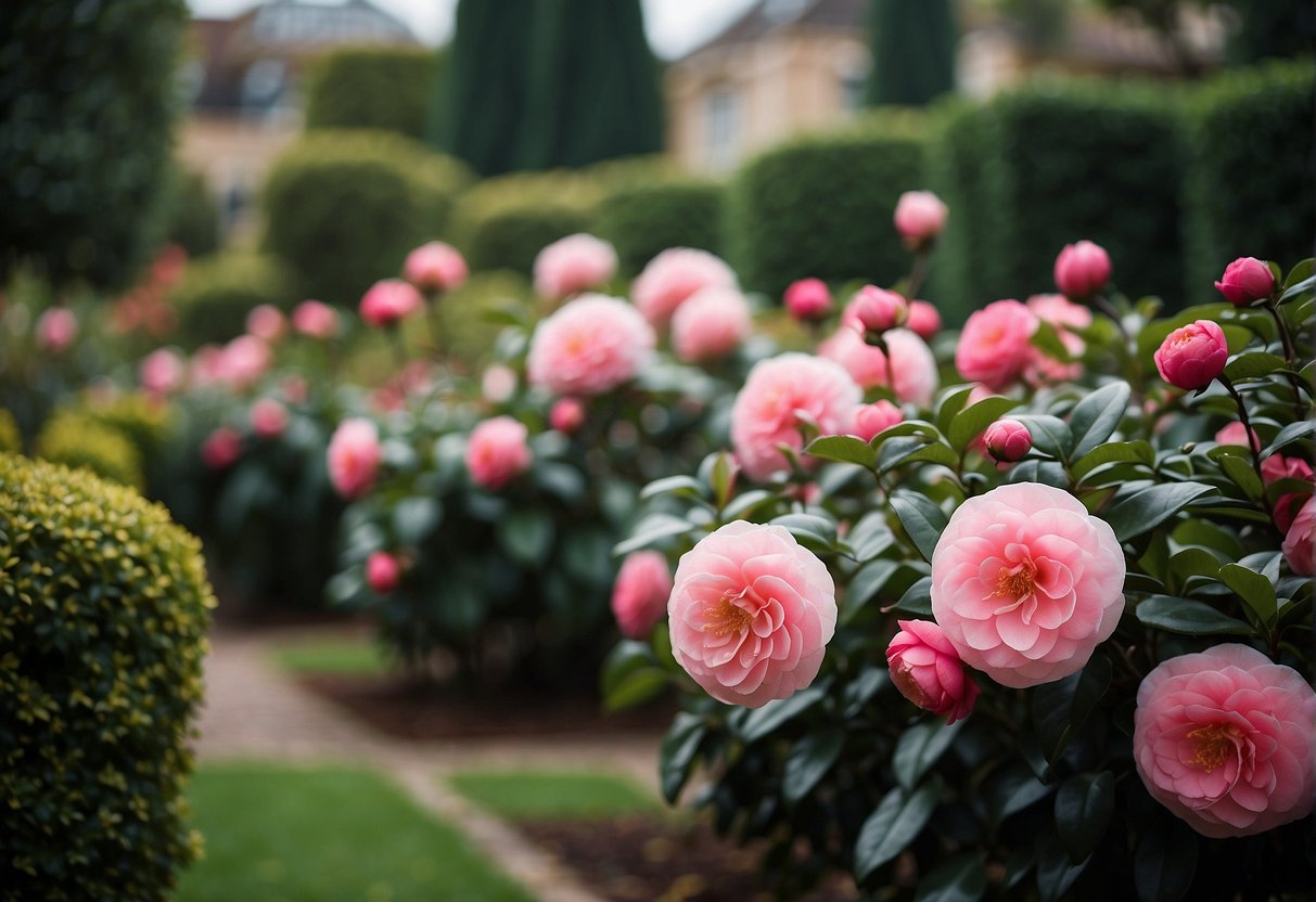 A garden filled with vibrant camellias, featuring the stunning Camellia Dona Herzilia as the focal point. Lush greenery and well-manicured paths create a serene and inviting atmosphere