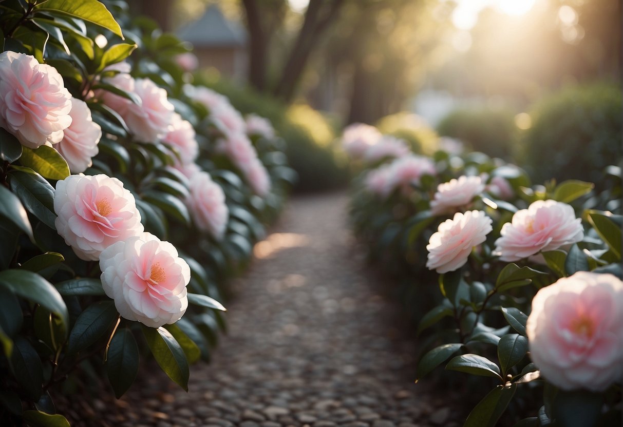 A row of blooming camellia bushes lines the garden path, their delicate white and pink petals creating a soft, pearly glow in the early morning light