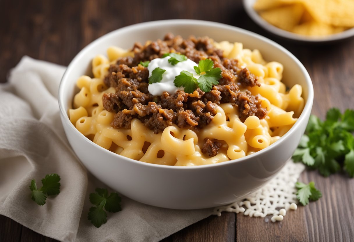 A steaming bowl of mac and cheese topped with seasoned ground beef, diced tomatoes, and a dollop of sour cream. A side of crunchy tortilla chips and a sprinkle of fresh cilantro complete the dish