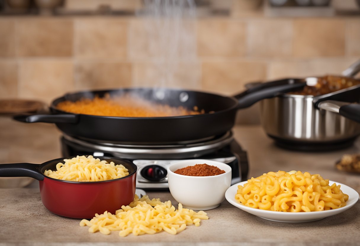 A pot of boiling water, a sizzling skillet, and a bowl of shredded cheese and taco seasoning await the macaroni to create a delicious taco mac and cheese dish