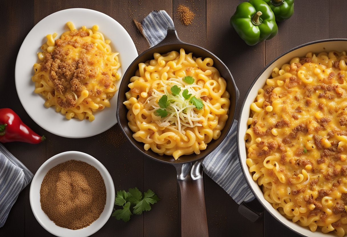 A pot of mac and cheese with taco seasoning, ground beef, and shredded cheese on top. A skillet of sautéed onions, bell peppers, and corn on the side