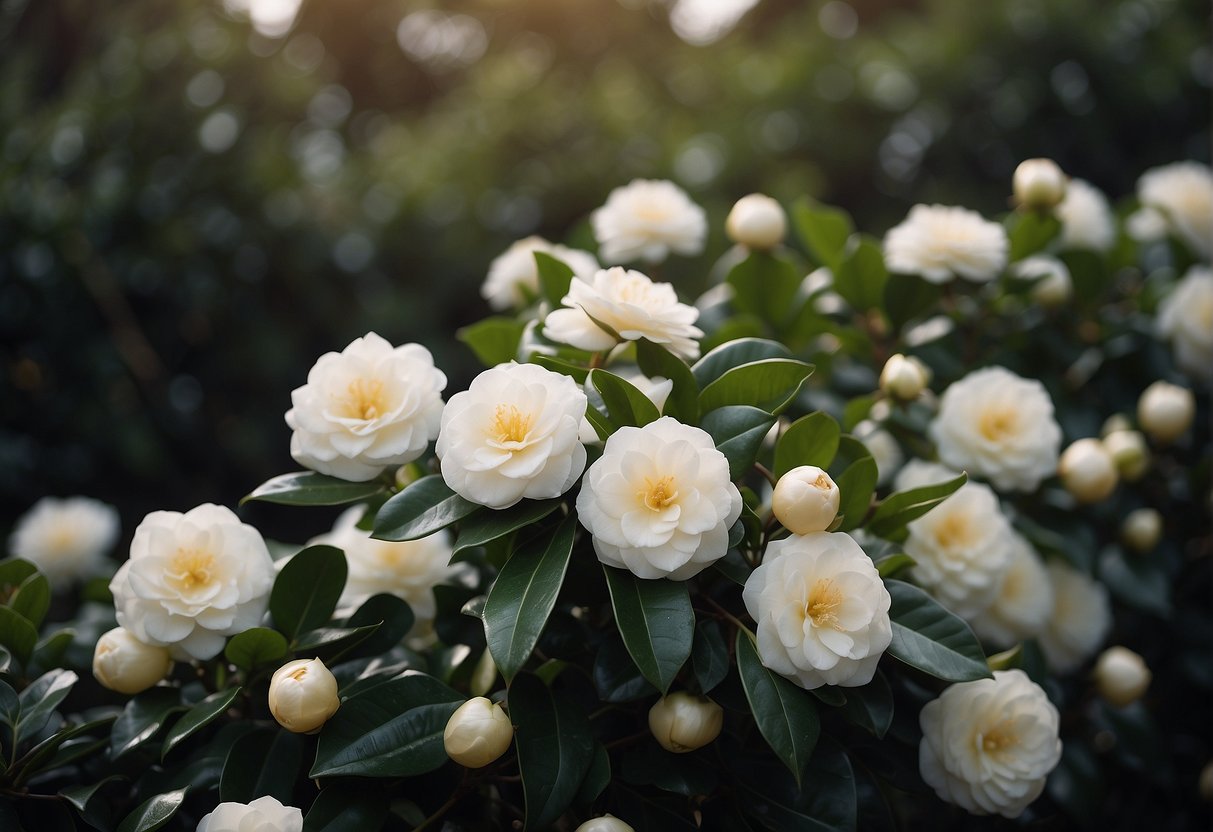 An abundance of early pearly camellias forms a dense hedge