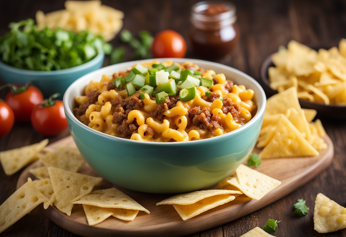 A bowl of mac and cheese topped with taco meat, shredded cheese, diced tomatoes, and green onions. Served with a side of tortilla chips and salsa