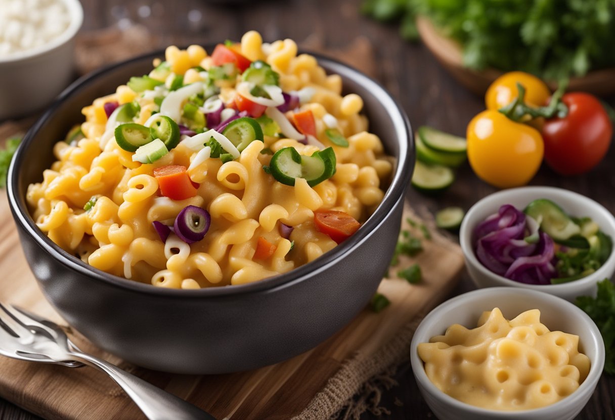 A steaming bowl of taco mac and cheese with colorful vegetables and a sprinkle of cheese on top