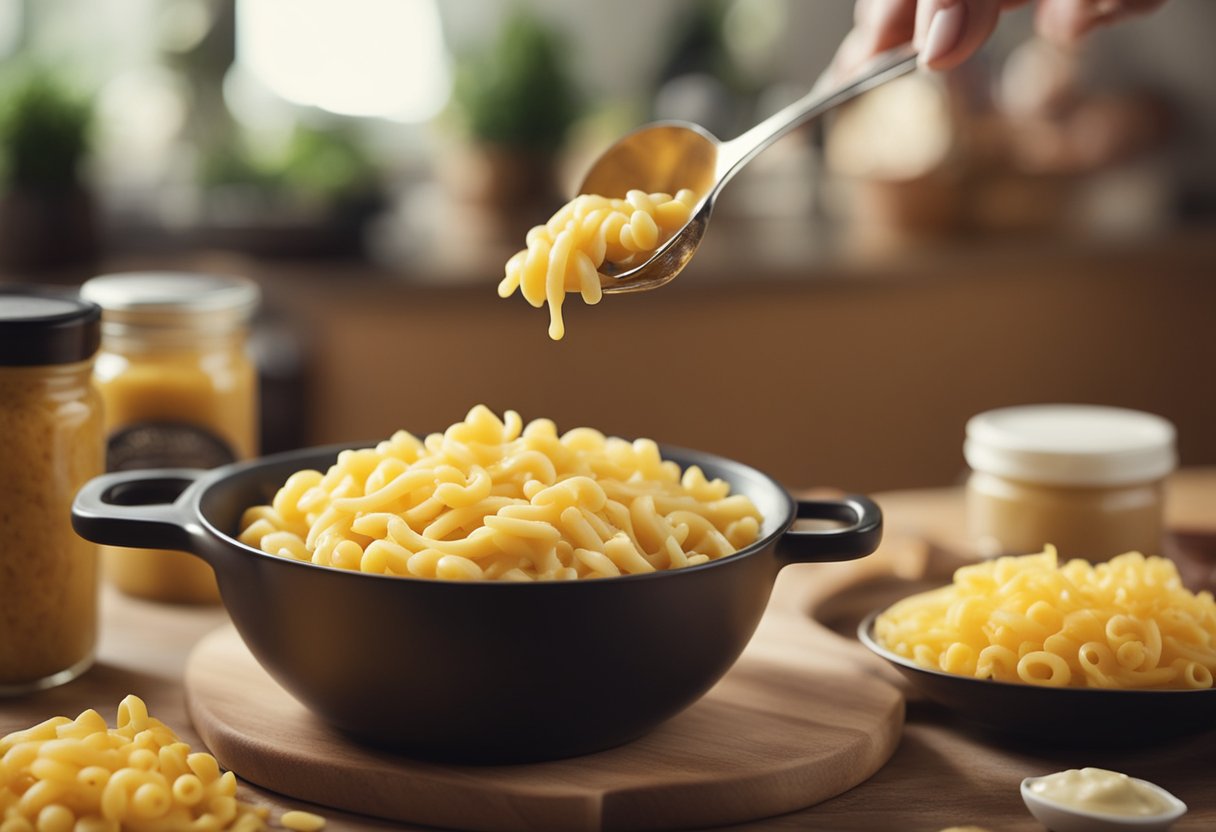 A pot of overcooked macaroni spills over as a taco seasoning packet is mistakenly added to the cheese sauce