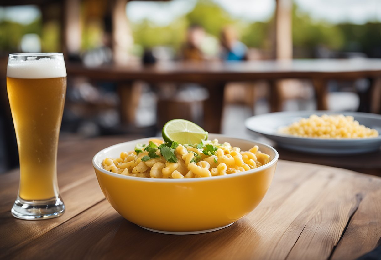 A glass of beer and a margarita sit next to a bowl of taco mac and cheese on a wooden table