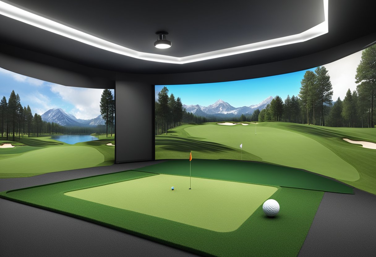 A golf simulator set up at an event, with a large screen, club, and ball in a realistic virtual golfing environment
