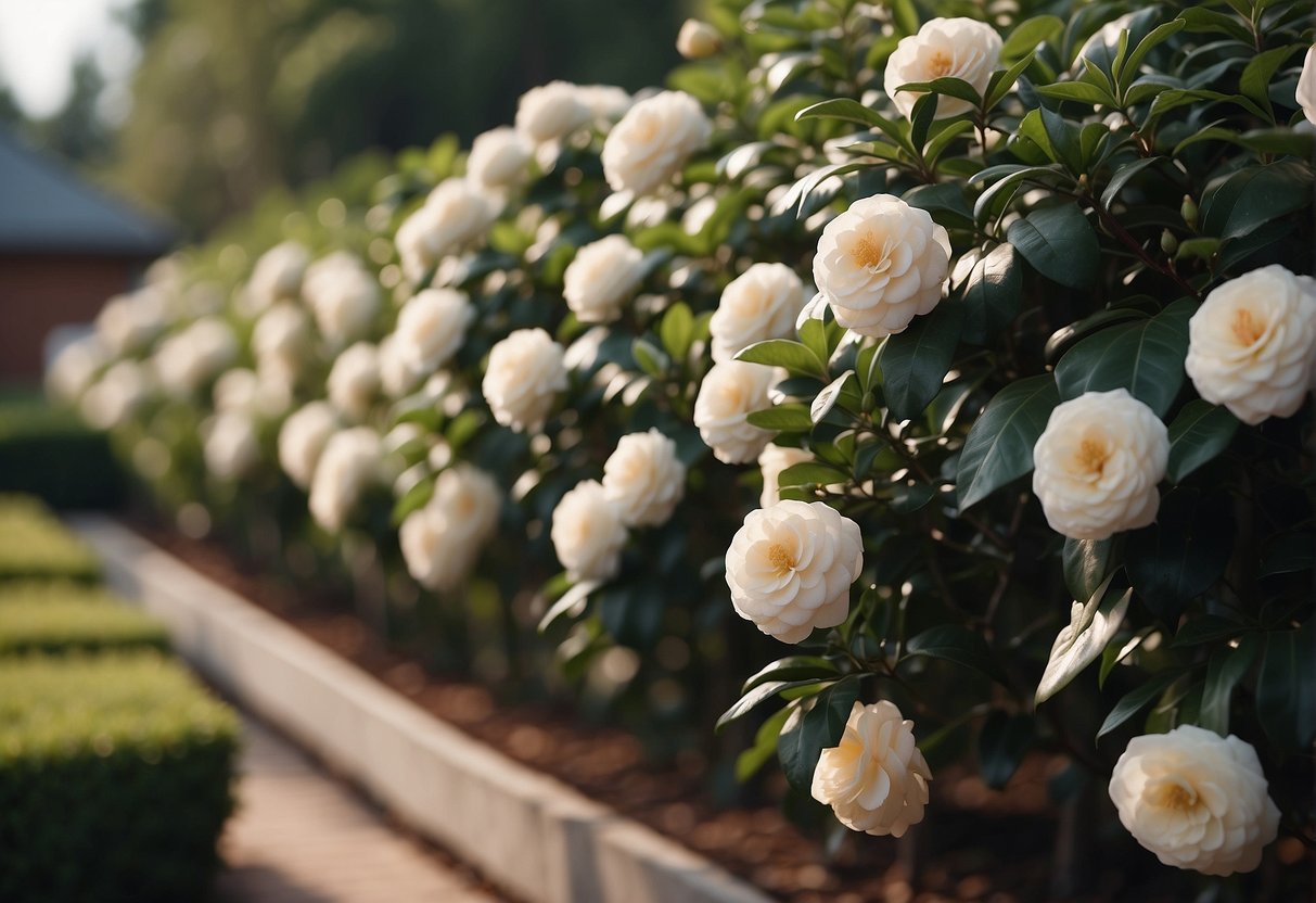 A row of early pearly camellia bushes, neatly trimmed and thriving in a well-tended garden