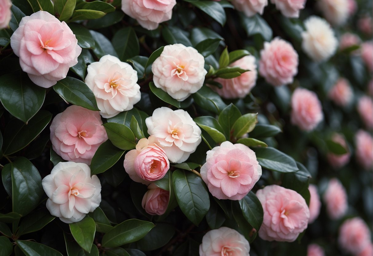 A neatly trimmed camellia hedge with delicate pink and white flowers, creating a beautiful and symmetrical pattern